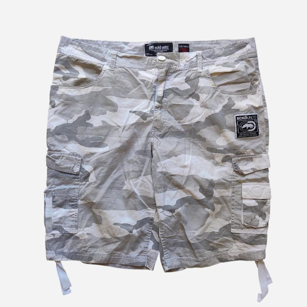 Ecko Unltd. lightweight white camo cargo shorts with a relaxed fit